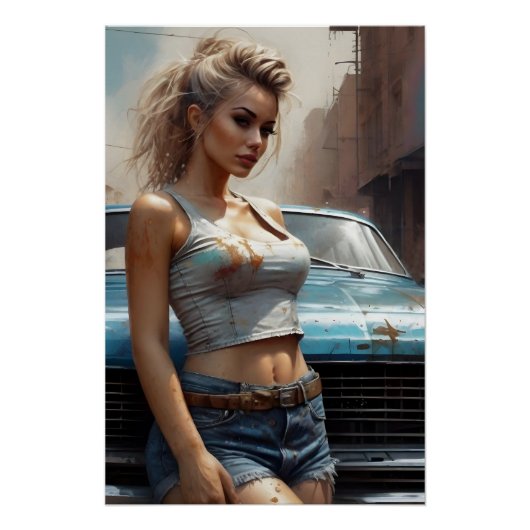 Blonde Pinup Kunstwerk Oldtimer kunst ポスター (正面)