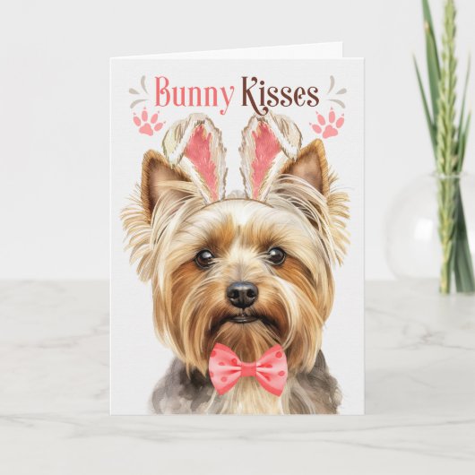 Blonde Yorkshire Terrier Dog Bunny Ears for Easter シーズンカード (正面)