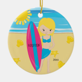 BlondeSurferのかわいい女の子のパーソナライズなクリスマス セラミックオーナメント