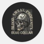 Blood Sweat Profanity Construction Worker Skull Bl ラウンドシール (正面)