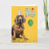 Bloodhound Dog Party Hat Yellow Birthday カード (正面)