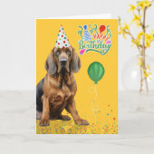 Bloodhound Dog Party Hat Yellow Birthday カード (黄色い花)