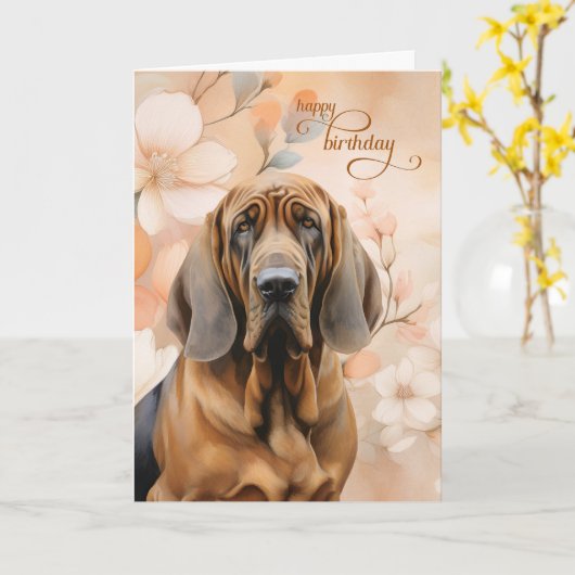 Bloodhound Dog Soft Peach Blossoms Birthday カード (黄色い花)