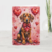 Bloodhound Valentine Dog Sitting with Hearts Red カード (正面)