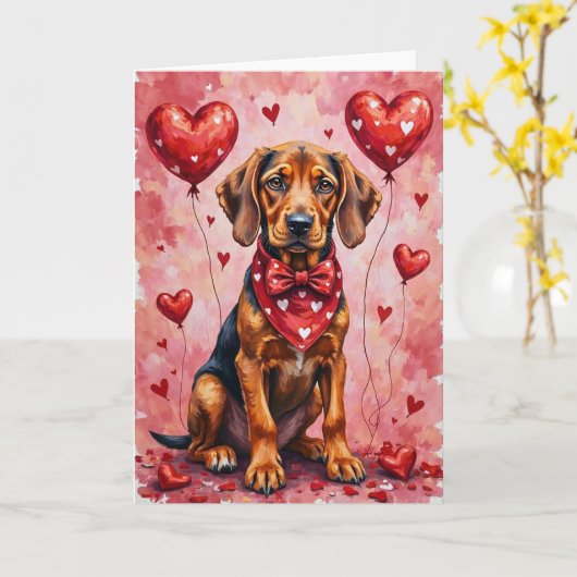 Bloodhound Valentine Dog Sitting with Hearts Red カード (黄色い花)