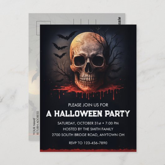 Bloody Skull Halloween Party Invitation Postcard ポストカード (正面/裏面)