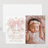 Bloom Floral Bow Girl Baptism サンキューカード (正面/裏面)