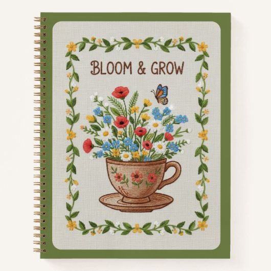 Bloom & Grow Embroidered Teacup Floral Journal ノートブック (正面)