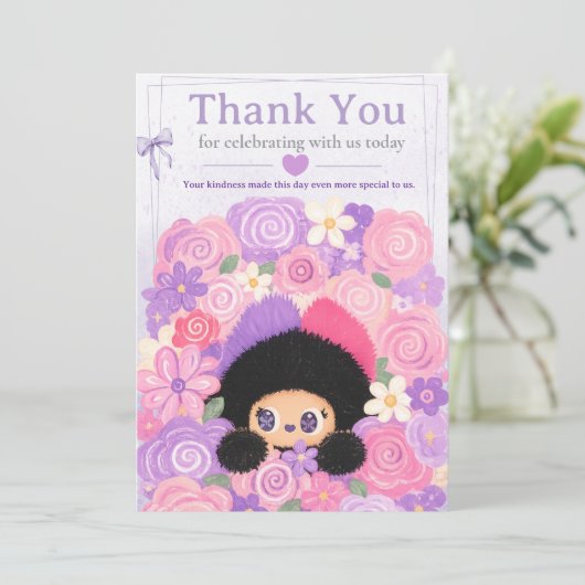 Bloom Kitty Floral Thank You Card | 子供の誕生日 招待状 (スタンド正面)