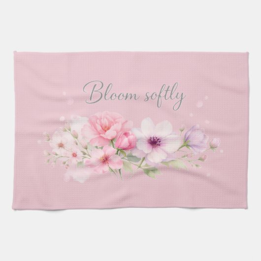 Bloom Softly – パステル水彩フラワー キッチンタオル (横)