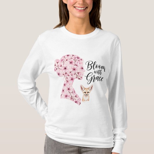 Bloom with Grace - 花をモチーフにした女性のシルエットデザイン Tシャツ (正面)