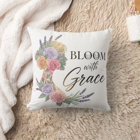 Bloom with Grace Elegant Floral Woman Silhouette クッション (ブランケット)