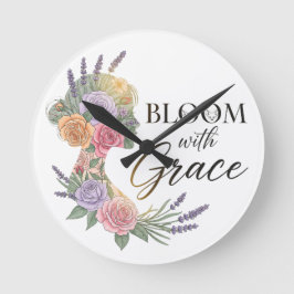 Bloom with Grace Elegant Floral Woman Silhouette ラウンド壁時計