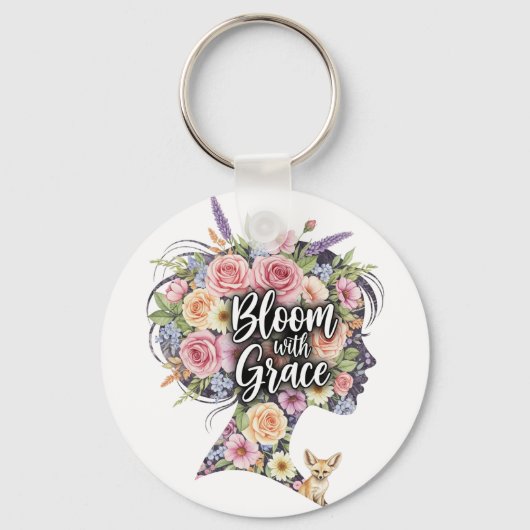 Bloom with Grace Floral Inspirational Quote Design キーホルダー (正面)