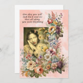 "Blooming all Along"引用文かわいらしの女の子と花 サンキューカード (正面/裏面)