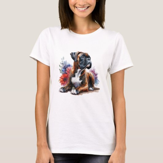 Blooming Boxer Dog Art – Floral Pet Lover Design Tシャツ (正面)