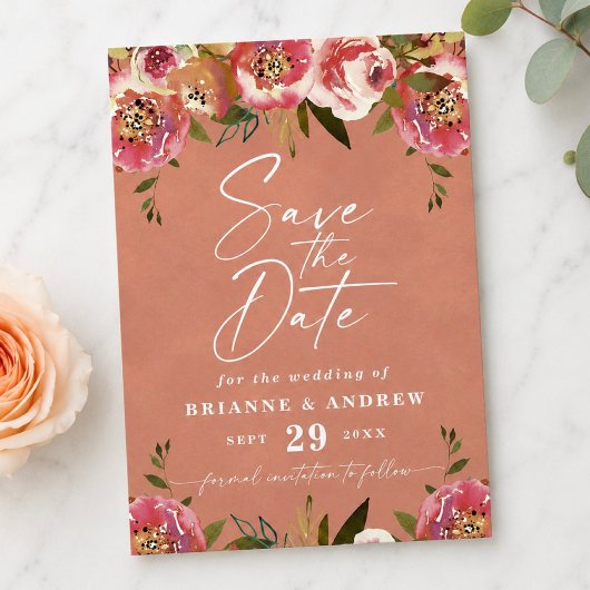 Blooming Chic Rustic Peach Floral Photo ウェディング セーブザデート