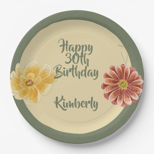 Blooming Florals Personalized Birthday Party Plate ペーパープレート (正面)