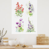Blooming Garden Quartet 四つの植物の水彩画 ポスター (キッチン)