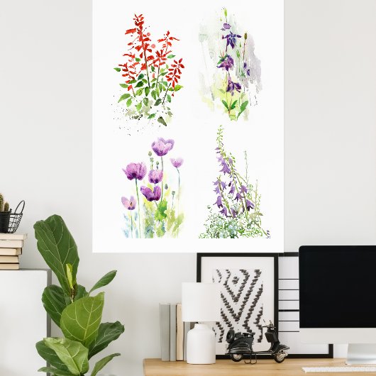 Blooming Garden Quartet  Four Botanical Watercolor ポスター (ホームオフィス)