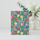 Blooming garden rose bush watercolor pattern ポストカード (スタンド正面)