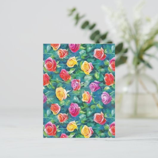 Blooming garden rose bush watercolor pattern ポストカード (スタンド正面)