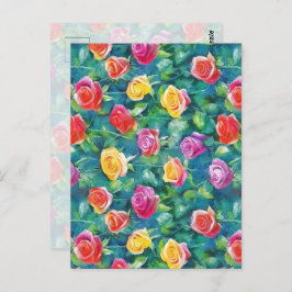 Blooming garden rose bush watercolor pattern ポストカード