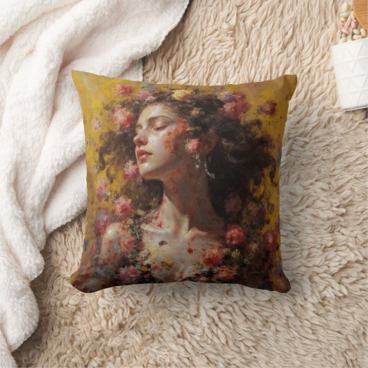 Blooming Goddess Floral Art Throw Pillow クッション (ブランケット)