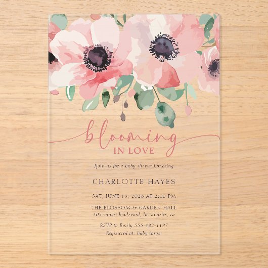 Blooming in Love Baby Shower Pink Baby Shower アクリル招待状 (正面)