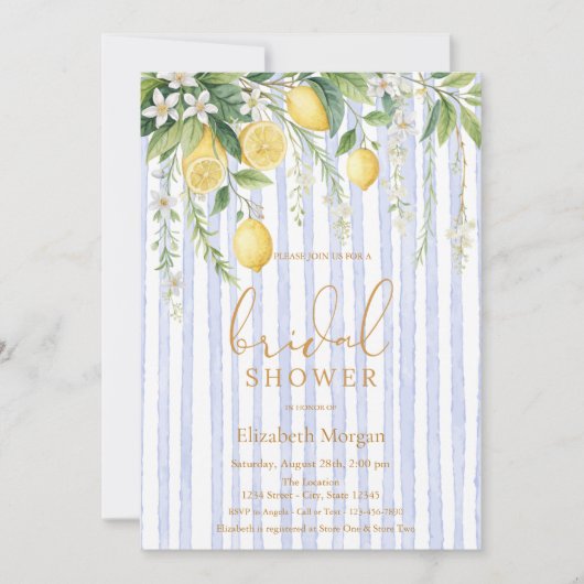 Blooming Lemons Blue Striped Bridal Shower 招待状 (正面)