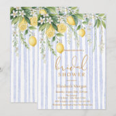 Blooming Lemons Blue Striped Bridal Shower 招待状 (正面/裏面)