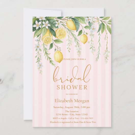  Blooming Lemons Pink Striped Bridal Shower 招待状 (正面)