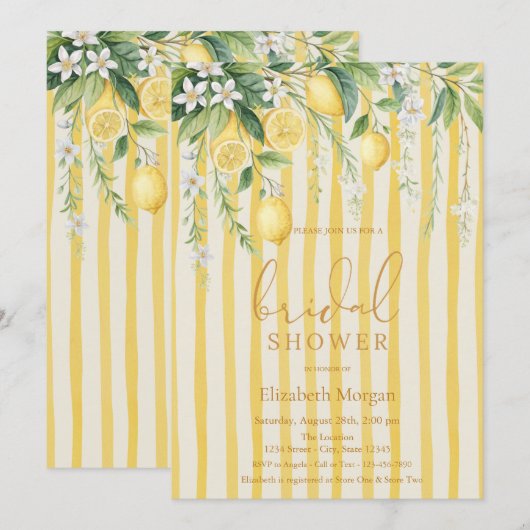  Blooming Lemons Yellow Striped Bridal Shower 招待状 (正面/裏面)