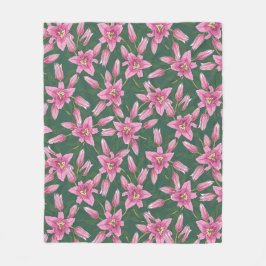 Blooming Lilies in Deep Green Fleece Blanket フリースブランケット