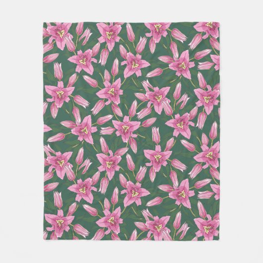 Blooming Lilies in Deep Green Fleece Blanket フリースブランケット (正面)