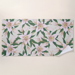 Blooming Lilies in Ivory Green ビーチタオル