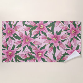 Blooming Lilies in Pastel Pink  ビーチタオル
