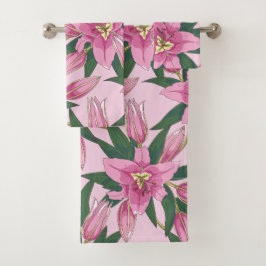Blooming Lilies in Pastel Pink Duvet Cover バスタオルセット