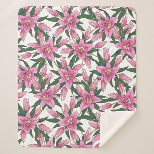 Blooming Lilies in Pastel Pink on White シェルパブランケット (正面)