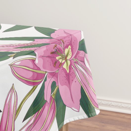 Blooming Lilies in Pastel Pink on White テーブルクロス (インサイチュ)