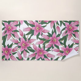 Blooming Lilies in Pastel Pink on White ビーチタオル