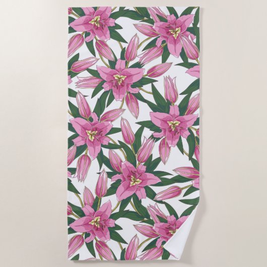 Blooming Lilies in Pastel Pink on White ビーチタオル (正面)