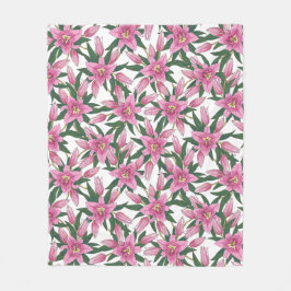 Blooming Lilies in Pastel Pink on White フリースブランケット