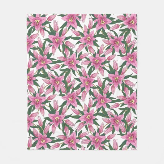 Blooming Lilies in Pastel Pink on White フリースブランケット (正面)