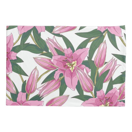 Blooming Lilies in Pastel Pink on White 枕カバー (裏面-左)