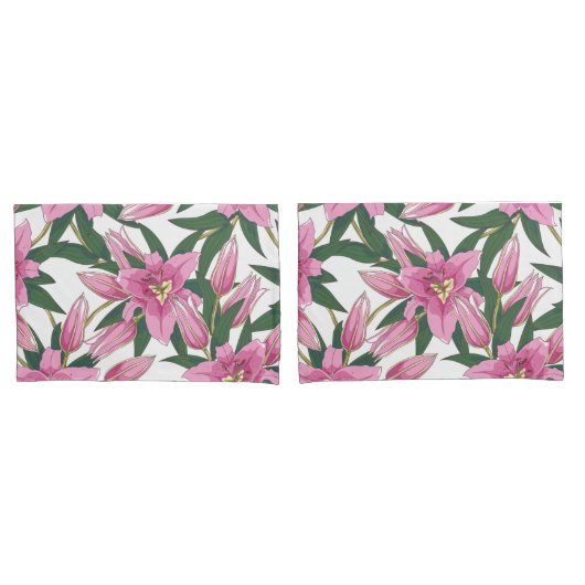 Blooming Lilies in Pastel Pink on White 枕カバー (フロントセット)