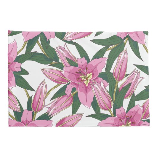 Blooming Lilies in Pastel Pink on White 枕カバー (裏面-右)