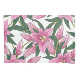 Blooming Lilies in Pastel Pink on White 枕カバー