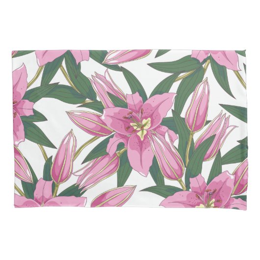 Blooming Lilies in Pastel Pink on White 枕カバー (正面左)