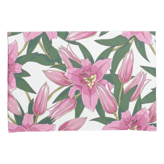 Blooming Lilies in Pastel Pink on White 枕カバー (正面右)
